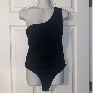 One shoulder Black Ribbed Bodysuit